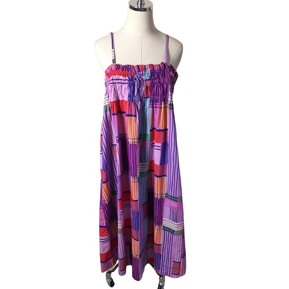 Eloqui Size 14 Shift Dress Smocked Bodice Empire Gathered Color Block Midi Large - Picture 1 of 9